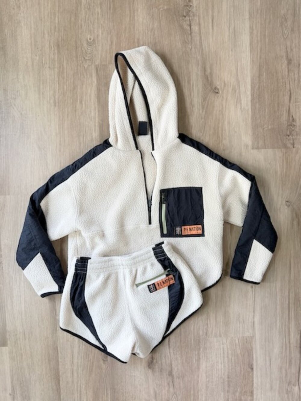 PE Nation Sherpa Hoodie + Shorts Set XS Cream Black